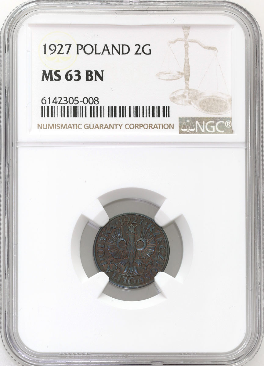 II RP 2 grosze 1927 NGC MS63 BN - rzadszy rocznik